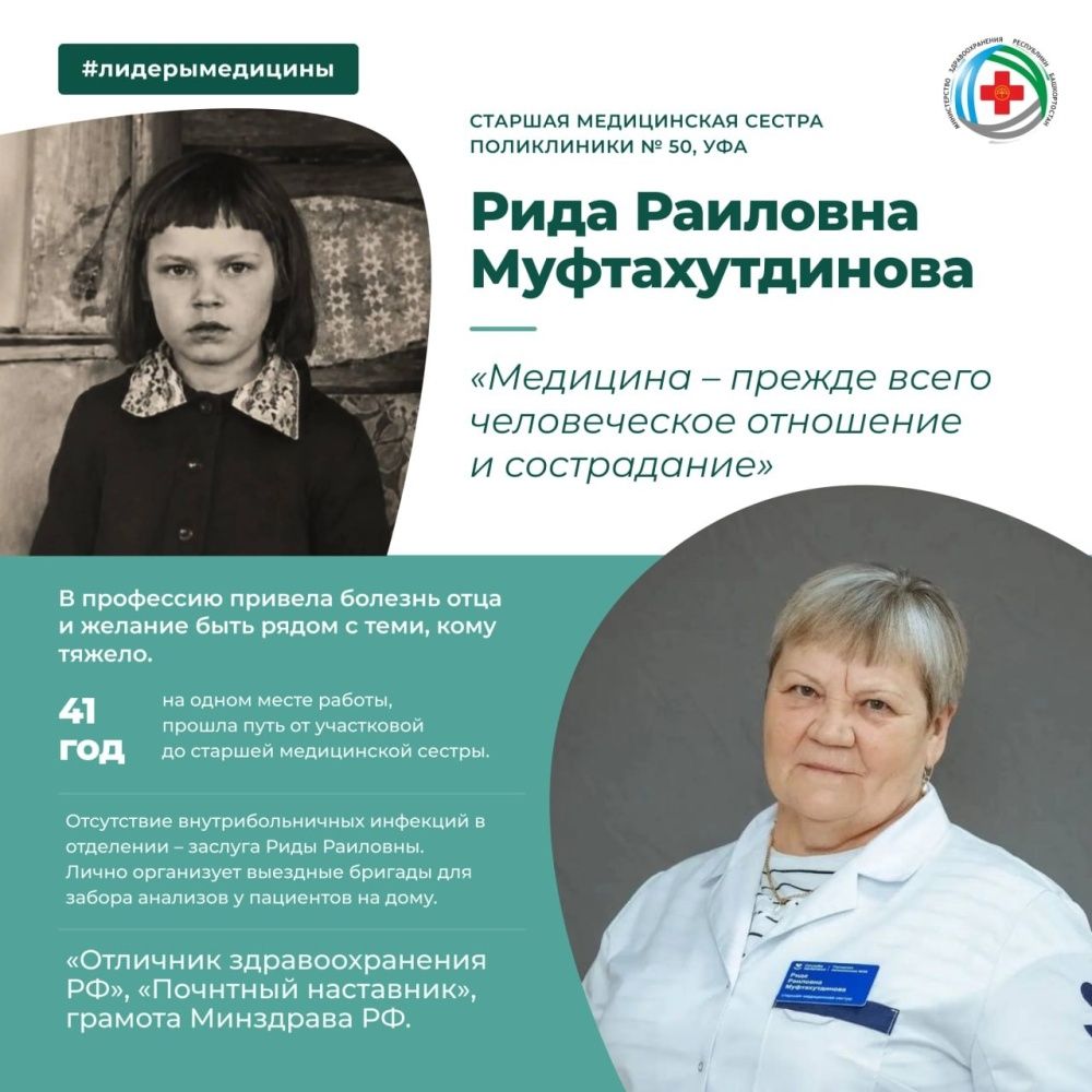 В рубрике «Лидеры медицины» Муфтахутдинова Рида Раиловна, старшая медицинская сестра поликлиники № 50 г. Уфы